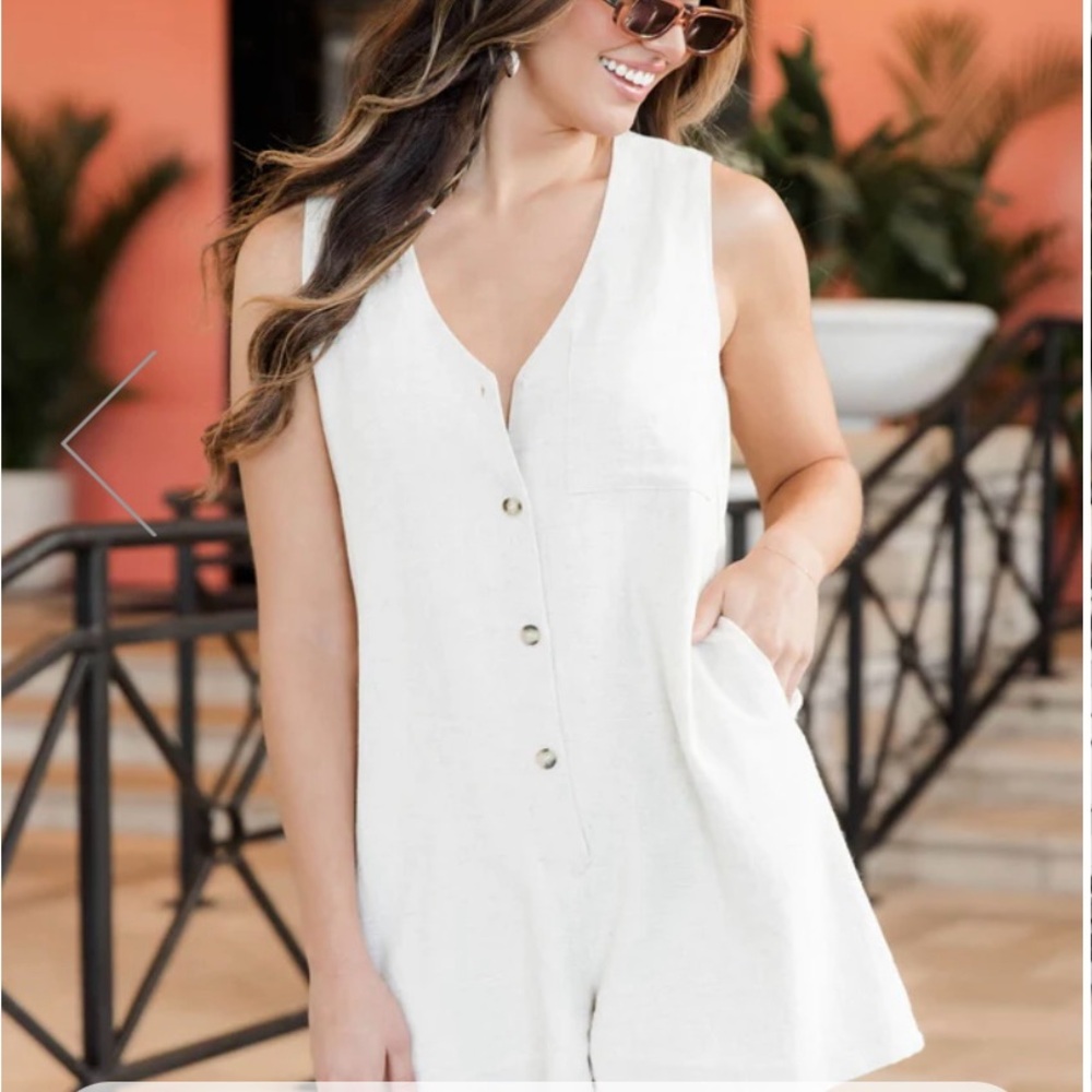 Pink Lily Beige Button Up Romper Size Small Medium (SM)